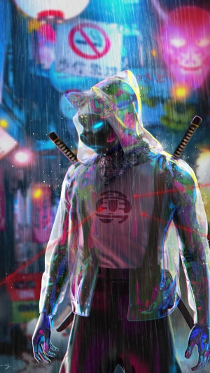 Cyberpunk warrior with swords in the rain