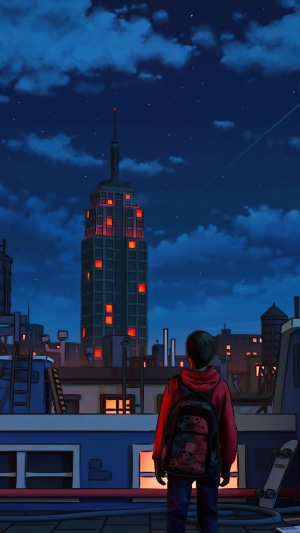 Boy on rooftop looking at Empire State Building at night