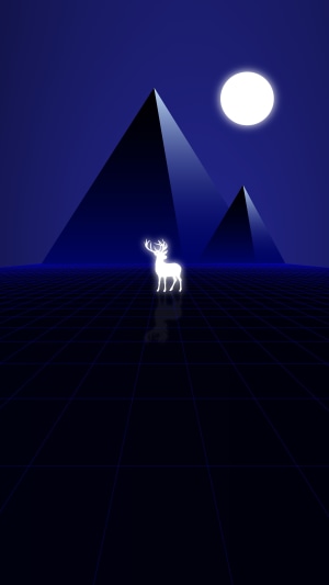Deer in front of pyramids under a full moon
