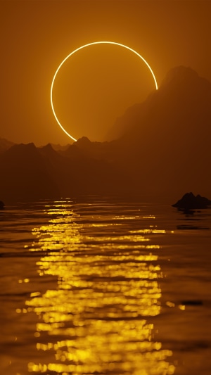 Digital Art of a Ring of Light Over Mountains and Water