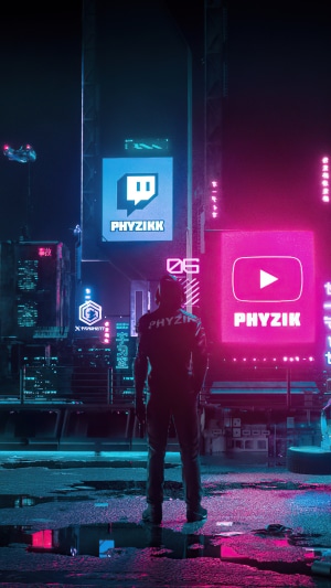 Man in cyberpunk city with Twitch and YouTube logos