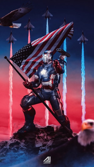 Iron Man holding American flag with fighter jets and eagles