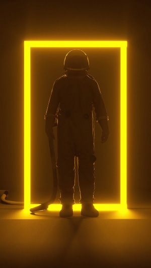 Astronaut standing in a yellow neon rectangle 4K