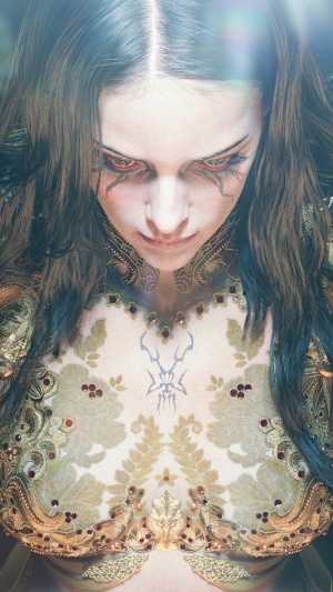 Artwork of a woman with red eyes and ornate clothing