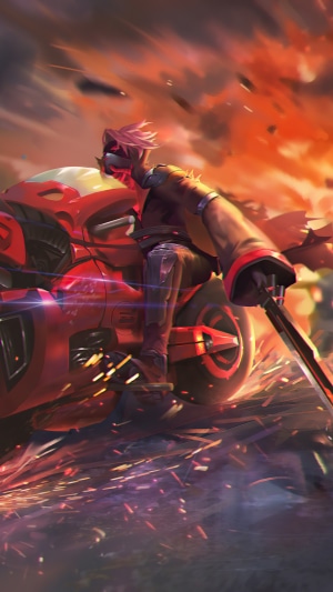 Cyberpunk character on a red motorcycle