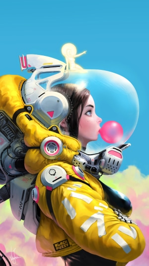 Girl in astronaut suit blowing bubblegum