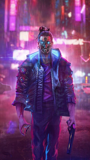 Cyberpunk 2077 character with cybernetic mask and gun