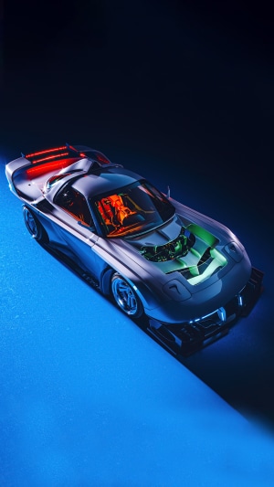 Sci-fi car with exposed engine and neon lights