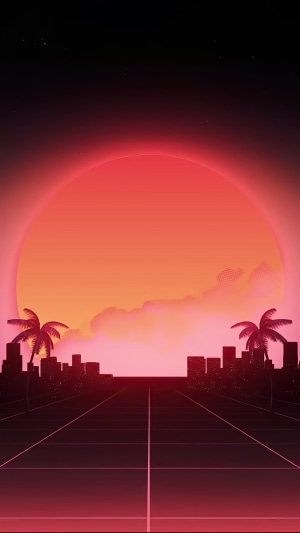 Retrowave Cityscape with Palm Trees and Sun