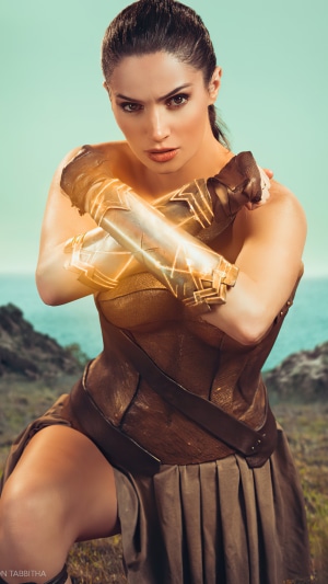 Wonder Woman cosplay with golden armbands
