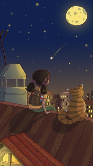 Girl and cat watching shooting star on rooftop 4K