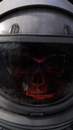 Astronaut helmet with skull reflection and error message 4K