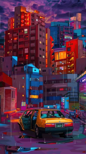 Cyberpunk city street at night with yellow taxi