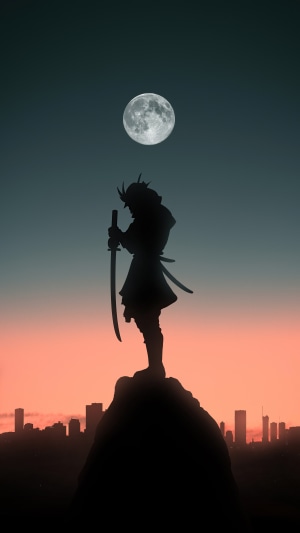 Samurai Silhouette Under Full Moon Over City