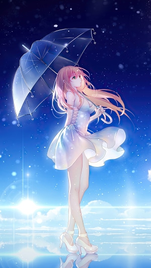 Anime girl with umbrella under starry sky