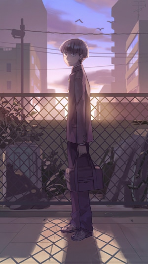 Anime boy in school uniform with a bag