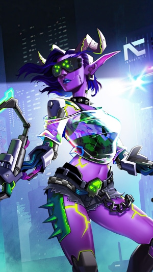 Cyberpunk demon girl with cybernetic arm and goggles