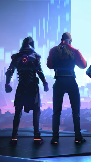 Two characters from Hyper Scape stand on a rooftop