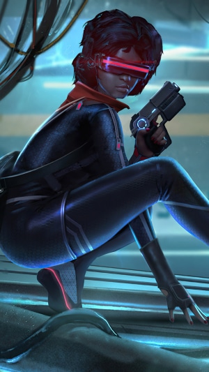 Woman with futuristic visor and gun
