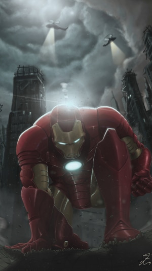 Iron Man in a ruined city