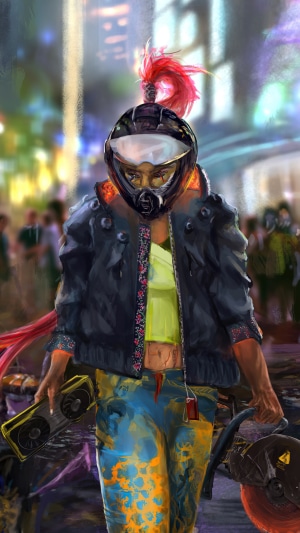 Cyberpunk 2077 character with red hair and helmet