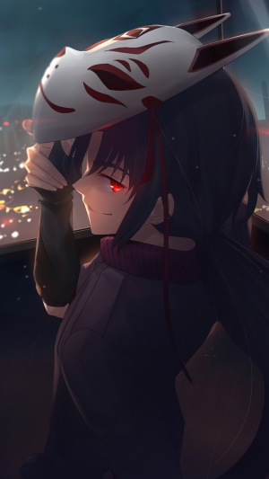Anime girl with red eyes wearing a Kitsune mask