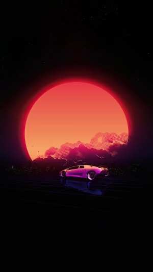 Retrowave artwork with a purple sports car and a large red sun