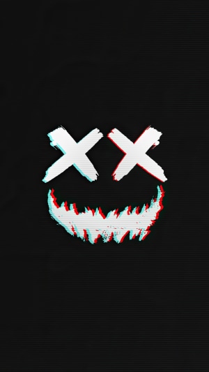 Digital art of a smiling face with X eyes