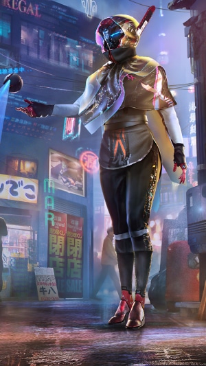 Cyberpunk character in a neon-lit city street
