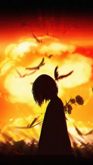 Anime girl with flowers and birds against explosion