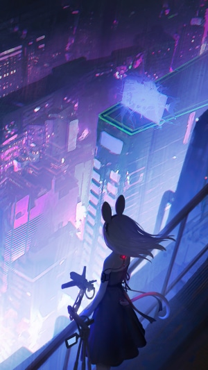 Anime girl with bunny ears overlooking a futuristic city