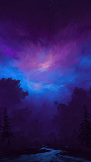 Digital art of a night sky over a forest and river