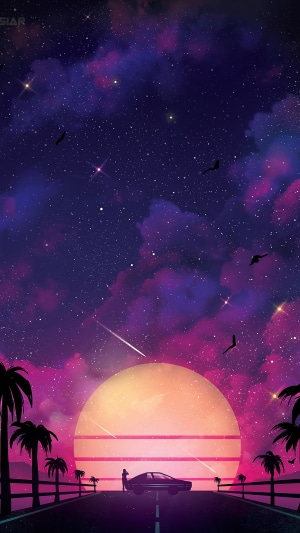 Synthwave digital art of a sunset with a car and palm trees