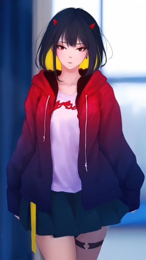 Anime girl with red horns and yellow highlights