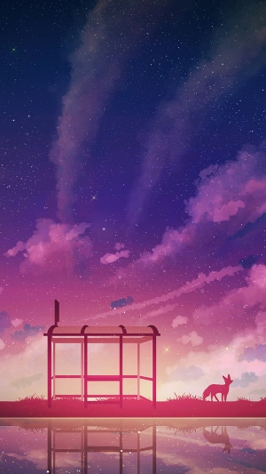 Minimalist artwork of a fox at a bus stop under a starry sky