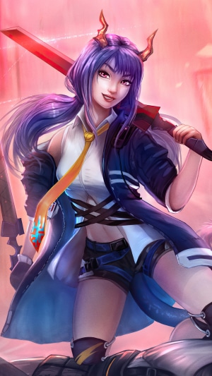 Anime girl with purple hair and horns holding a sword