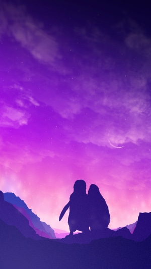 Two penguins silhouetted against a purple and pink sky