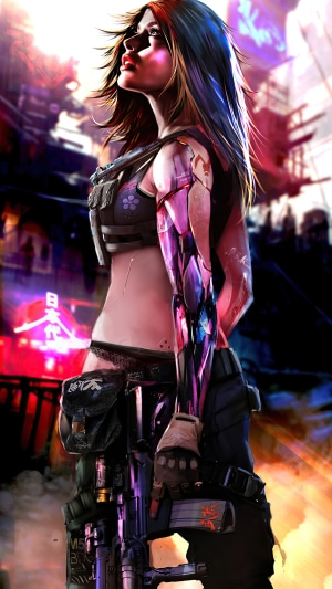 Cyberpunk woman with robotic arm and gun