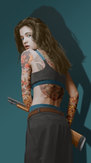 Tattooed woman holding a shotgun