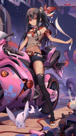 Anime girl with pink motorcycle and bunny creature