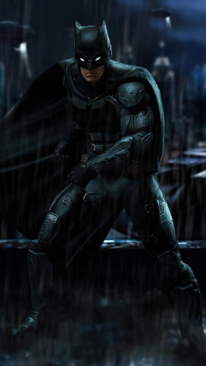 Batman in a dark, rainy city