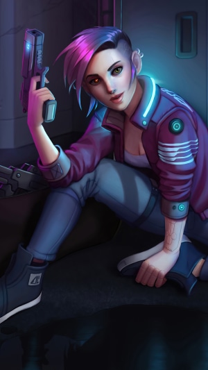 Cyberpunk 2077 character with gun