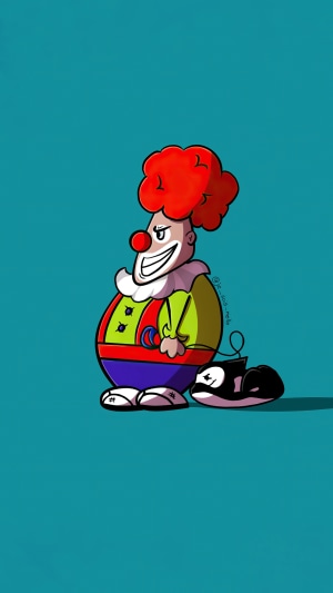 Minimalist artwork of a clown with a mouse