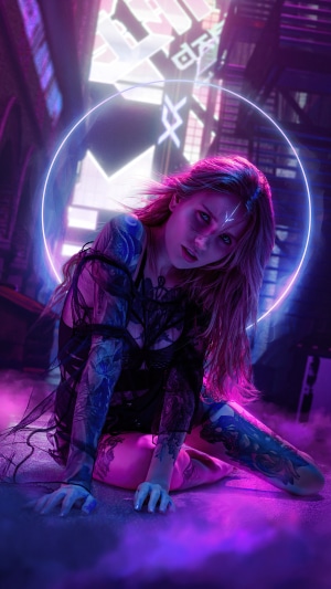 Woman with tattoos in neon city