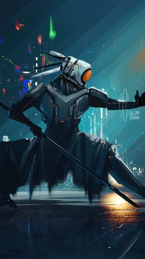Cyberpunk ninja with a staff in a futuristic city