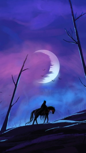 Warrior on horseback under a crescent moon