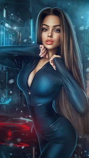 Sci-fi warrior woman in a black suit