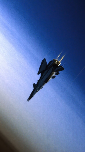 Fighter jet in space with exhaust trails