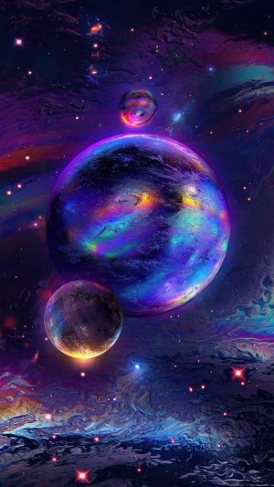 Digital art of planets in a colorful nebula