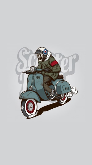 Skull riding a scooter with a mod helmet